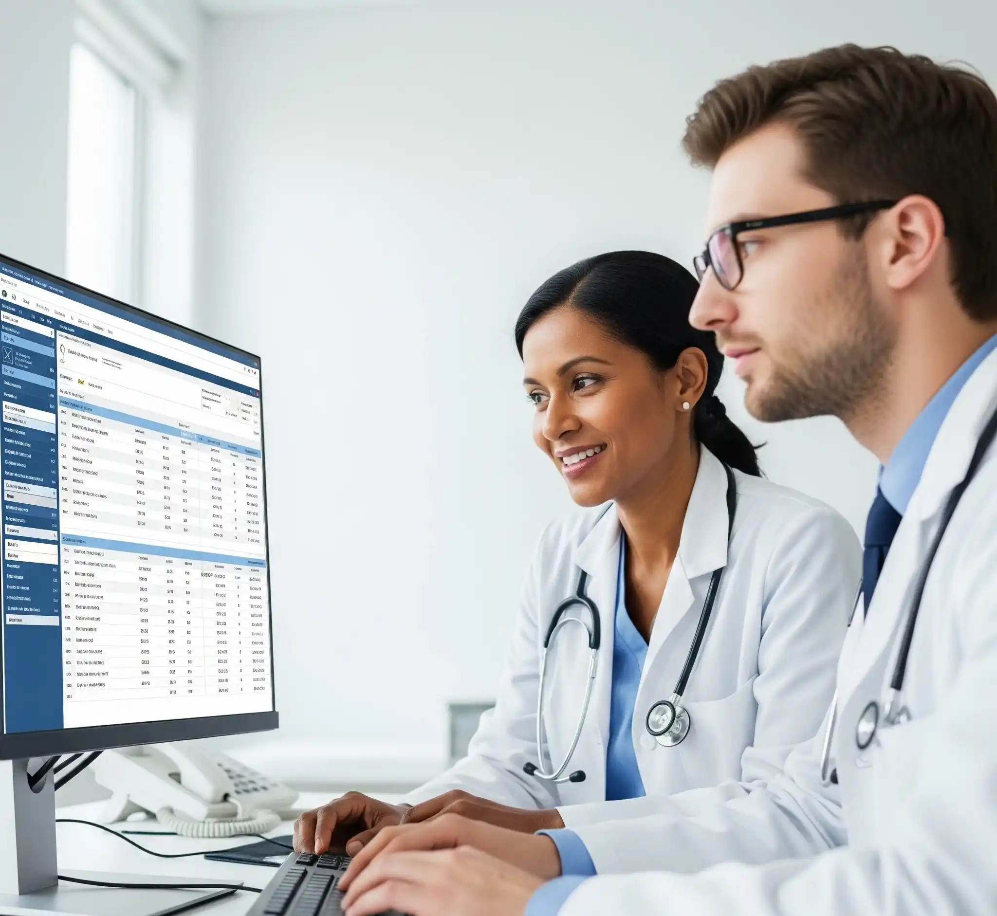 Two doctors reviewing patient information together on a hospital information system workstation